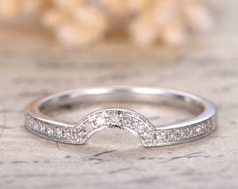 Valentine 14K White Gold Arch Wedding Band Eternity Ring Engagement Ring Milgrain Stackable Ring Micro Pave Diamond Ring Arch Eternity Bands