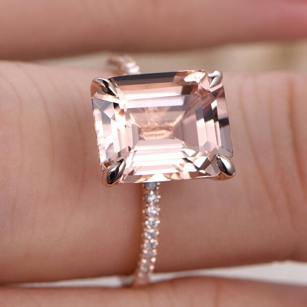 Morganite Ring 14K Rose Gold Solitaire Ring Diamond Wedding image 3