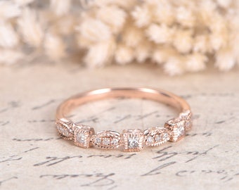 SI Natural Diamond Wedding Ring 14K Rose Gold Anniversary Ring Half Eternity Ring Art Deco Antique Stackable Ring Half Eternity Diamond Band