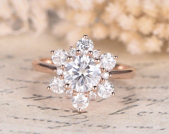 VVS Moissanite Engagement Ring 14K Rose Gold Art Deco Ring Moissanite Ring 6.5mm Moissanite Ring Wedding Band Promise Ring, Unique Ring