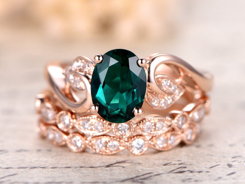 Emerald Engagement Ring Set Oval Cut Emerald Ring Set and Two Etsy