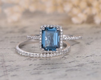 Topaz Wedding Ring Set, Emerald Cut 6x8mm Blue Topaz Engagement Ring, 14K White Gold, Diamonds Wedding Band, Bridal Set