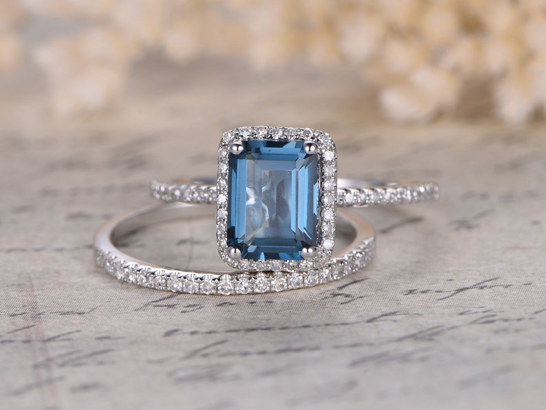 Topaz Wedding Ring Set Emerald Cut 6x8mm Blue Topaz Etsy