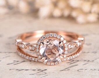 Pink Morganite Ring Rose Gold 2pcs Bridal diamond engagement ring set Marquise diamond Promise Ring 7mm Round Morganite Ring Diamond HALO