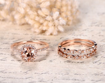 Solid 14K Rose Gold 1ct Morganite Engagement Ring Set 6.5mm Round Morganite Ring Diamond Wedding Band Bridal Wedding Ring Set Promise Ring
