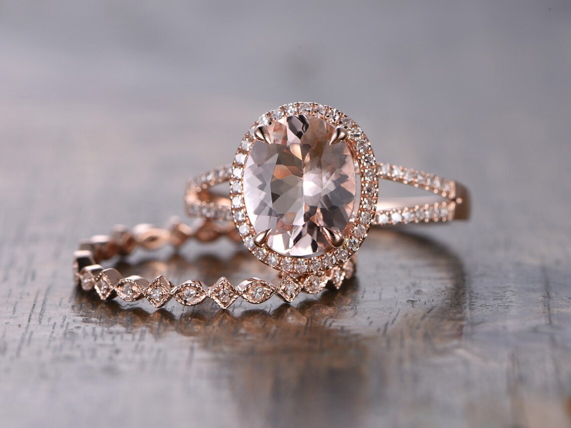 14K Rose Gold Morganite Engagement Ring Set 2pcs Diamond | Etsy