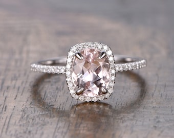 Morganite Ring 14K White Gold Cushion Halo Diamond Wedding Ring 6x8mm Oval Morganite Engagement Ring Morganite Solitaire Ring Wedding Ring