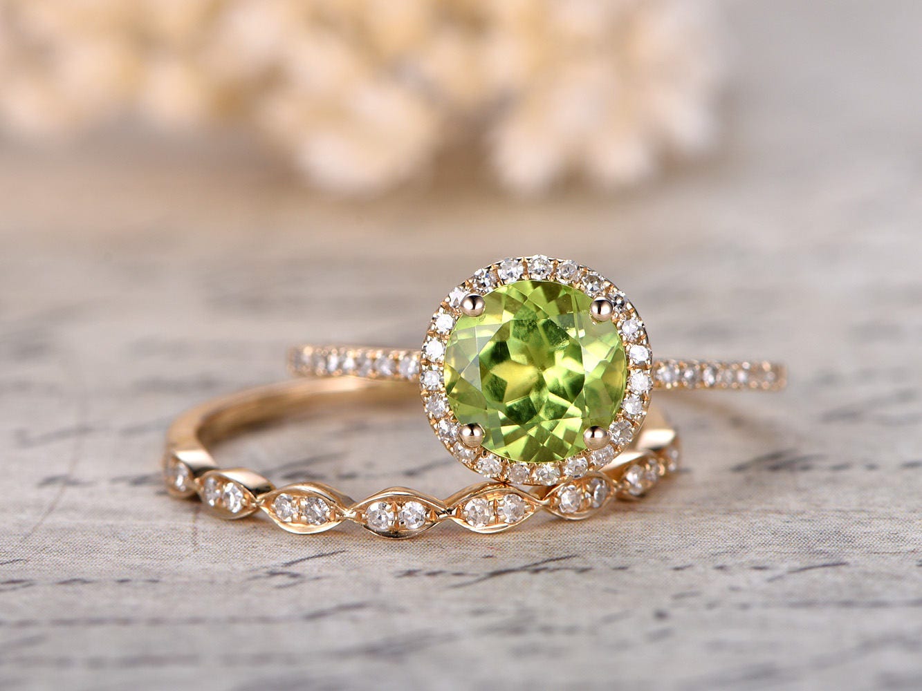 Peridot Engagement Ring Set 7mm Round Cut Peridot Bridal Sets | Etsy