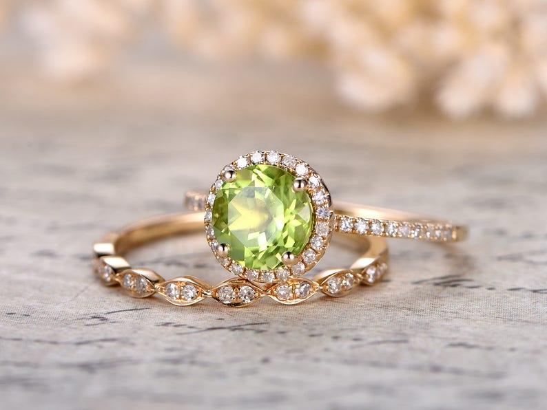 Peridot Engagement Ring Set 7mm Round Cut Peridot Bridal Sets Etsy
