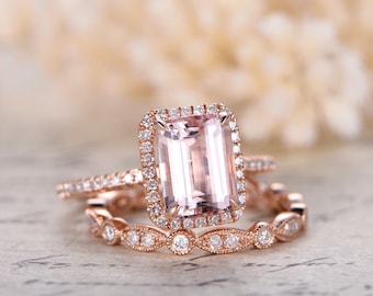 6x8mm Emerald Cut Morganite Engagement Ring Morganite Wedding Ring Set and Art Deco Wedding Band Full Eternity 14K Rose Gold Bridal Rings