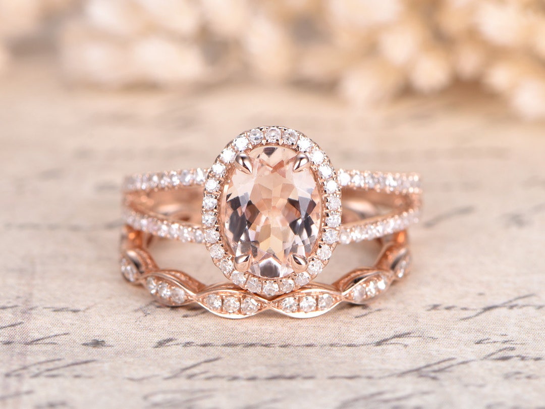 14K Rose Gold Morganite Engagement Ring Set 2pcs Diamond - Etsy
