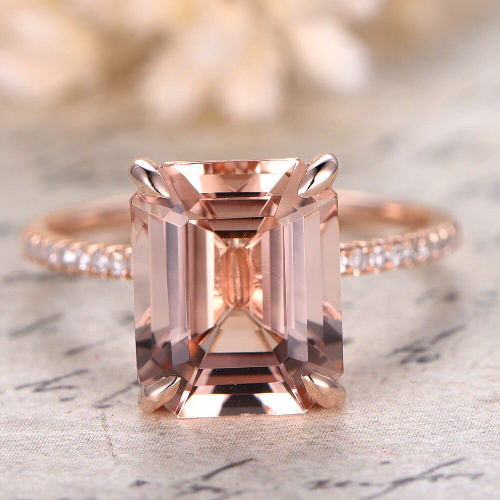 Morganite Ring 14K Rose Gold Solitaire Ring Diamond Wedding image 0