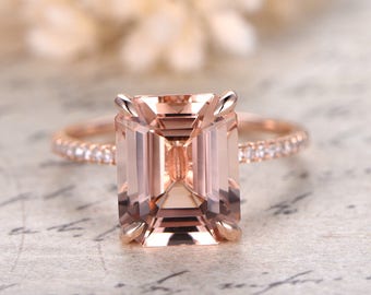 Emerald Cut Ring Natrual Morganite Engagement Ring 14K Rose Gold Solitaire Ring Diamond Wedding Band 9x11mm Diamond Wedding Ring Claw Prong