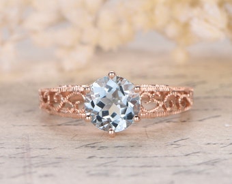 Aquamarine Ring Vintage,8mm Round Cut Aquamarine Engagement Ring for woman,Filigree Ring,14K Rose gold,March Birthstone ,Anniversary Ring