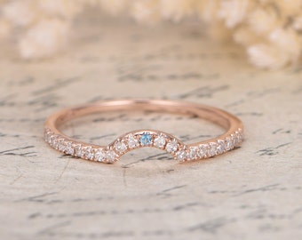 Curved Wedding Ring,Half Eternity Ring,Anniversary Band,Diamond Wedding Band,Blue Topaz Wedding Band,Art Deco,14K Rose Gold,Curved Ring