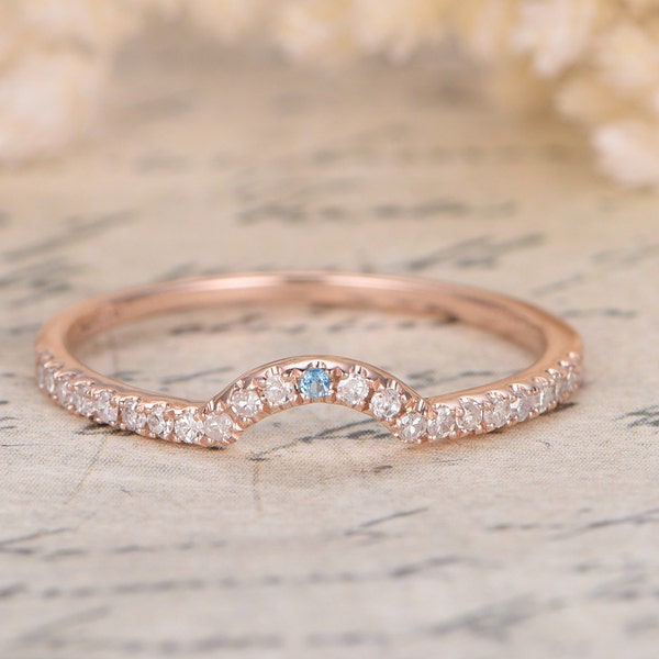 Curved Wedding Ring,Half Eternity Ring,Anniversary Band,Diamond Wedding Band,Blue Topaz Wedding Band,Art Deco,14K Rose Gold,Curved Ring