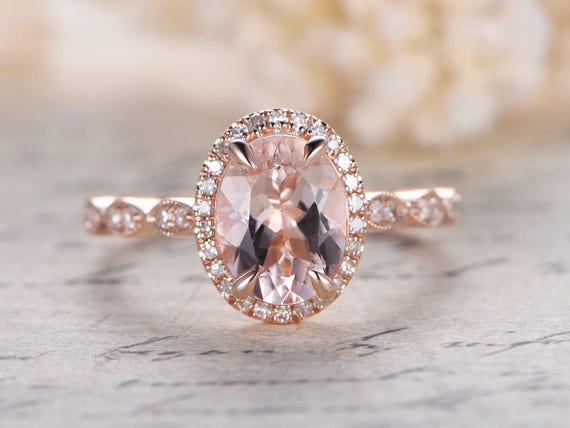 Pink Morganite Ring 14K Rose Gold Pave Diamond Wedding Band | Etsy