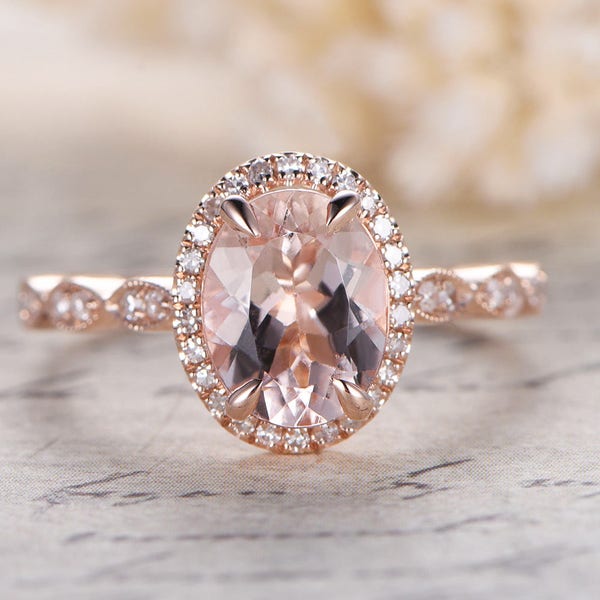 Pink Morganite Ring 14K Rose Gold Pave Diamond Wedding Band Marquise diamond Promise Ring Bridal Ring 7x9mm Oval Morganite Engagement Ring