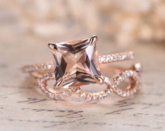 VS Natural Morganite Ring Rose Gold Diamond Wedding Ring Split Shank Band 8mm Morganite Engagement Ring Set Solitaire Ring Bridal Ring Set