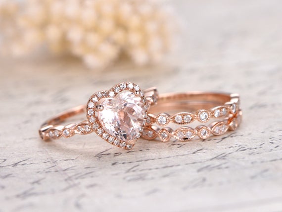 8mm Heart Shaped Pink Morganite Engagement Ring Set14K Rose | Etsy