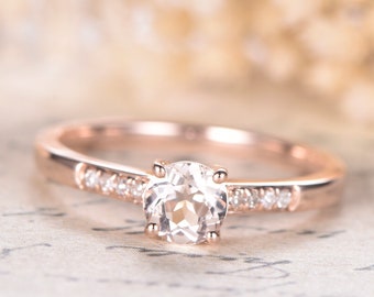 Morganite Engagement Ring Rose Gold Diamond Wedding Band Solitaire Bridal Ring 5mm Round 14K