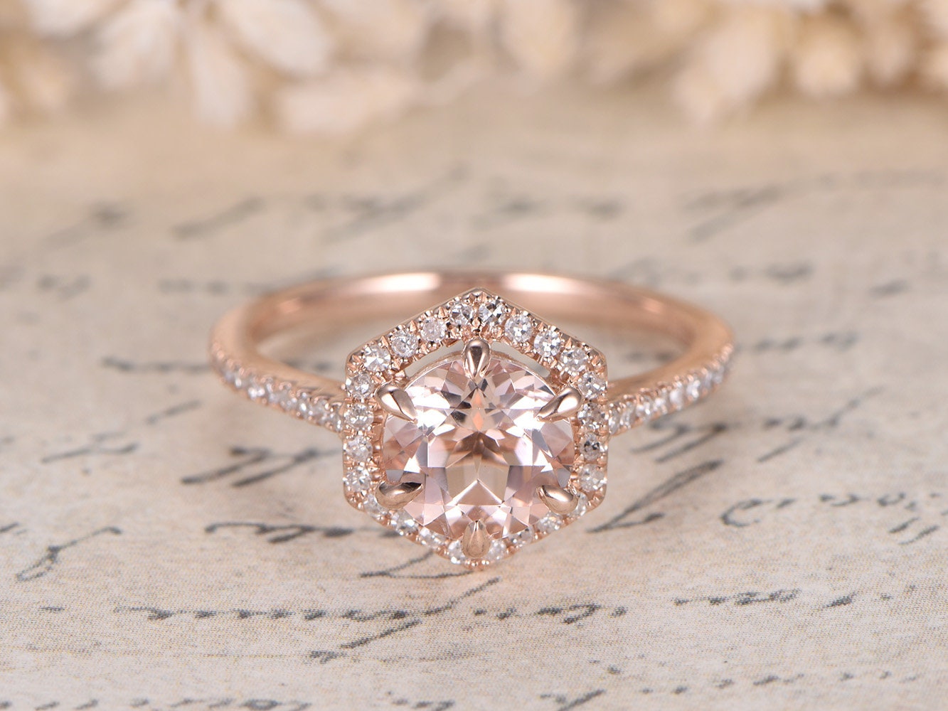 14K Rose Gold Morganite & Diamond 3-Stone Engagement Ring - Vintage Bridal Style, Size 7 - View #3