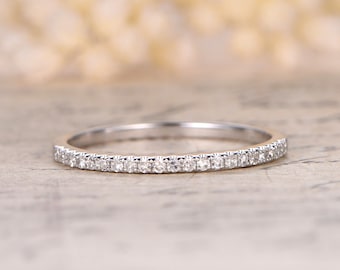 Valentine's Present 14K White Gold Half Eternity Diamond Wedding Band Wedding Ring Engagement Ring Stackable Ring Micro Pave Diamond Ring