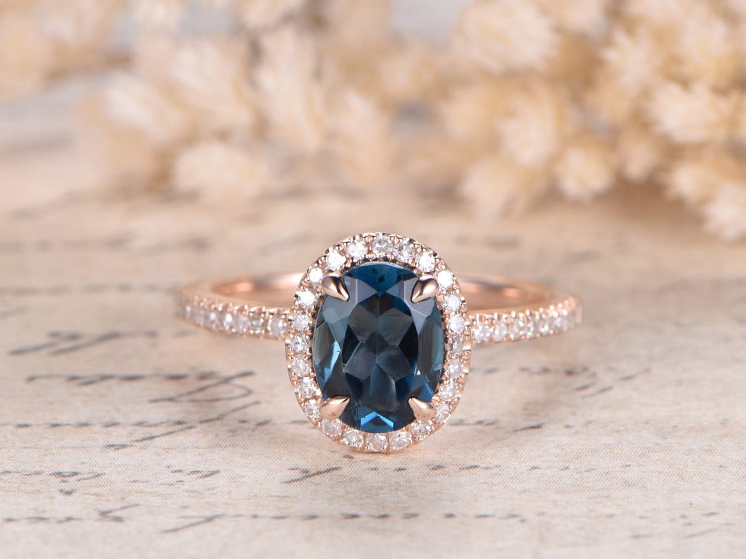 6x8mm Oval London Blue Topaz Engagement Ring Solid 14K Rose - Etsy