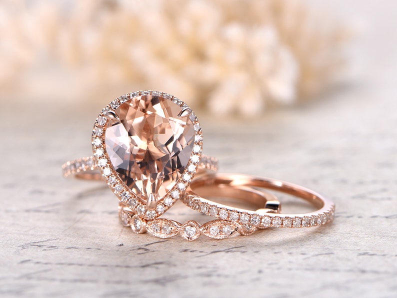 Pink Morganite Ring Set Rose Gold Marquise Diamond Wedding - Etsy