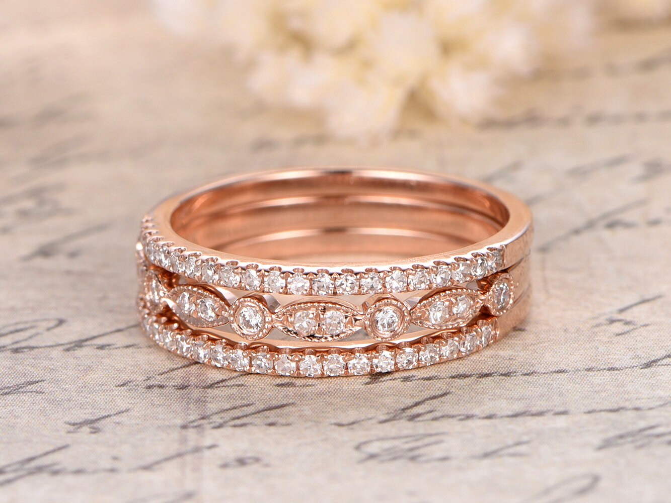 3 ring sets Three Half Eternity Ring SetDiamond Wedding | Etsy
