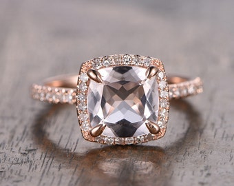 Morganite Engagement Ring Rose Gold Diamond Wedding Band Cushion Gemstone Wedding Ring Promise Ring Halo 8mm Solid 14K