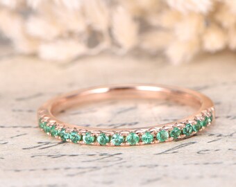 Emerald Wedding Band Half Eternity Band Emerald Engagement Ring Emerald Pave Wedding Band 14k Yellow Gold Thin Wedding Band Stackable Ring