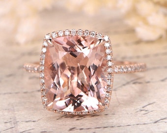 Morganite Ring 14K Rose Gold Morganite Engagement Ring Pave Diamond Wedding Band Diamond Halo Ring 10x12mm Cushion Cut Morganite Bridal Ring