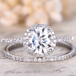 VVS Moissanite Engagement Ring 6.5mm White Gold Moissanite Ring Diamond Wedding Band Solid 1CT Bridal set Wedding Ring Set Rings For Women image 1