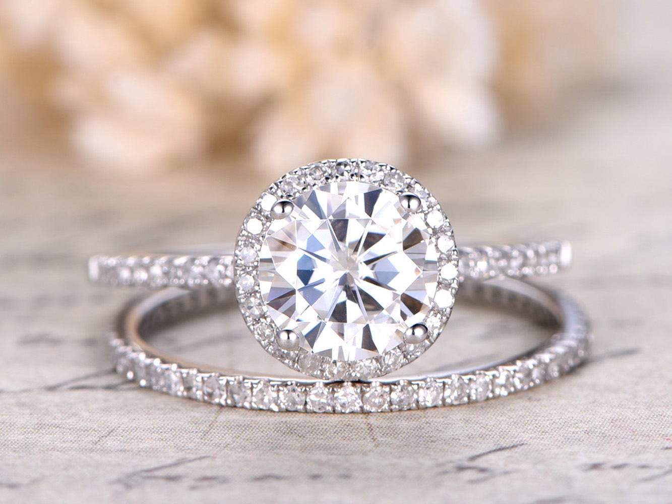 VVS Moissanite Engagement Ring 6.5mm White Gold.