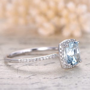 7mm Cushion Cut Aquamarine Ring for woman Diamond Halo Ring,Aquamarine Engagement Ring ,14k White Gold Ball Set,Vintage image 3