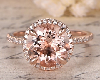 14K Rose Gold Morganite Engagement Ring Diamond Wedding Band Halo Diamond Engagement Ring 9mm Round Morganite Ring Bridal Promise Ring