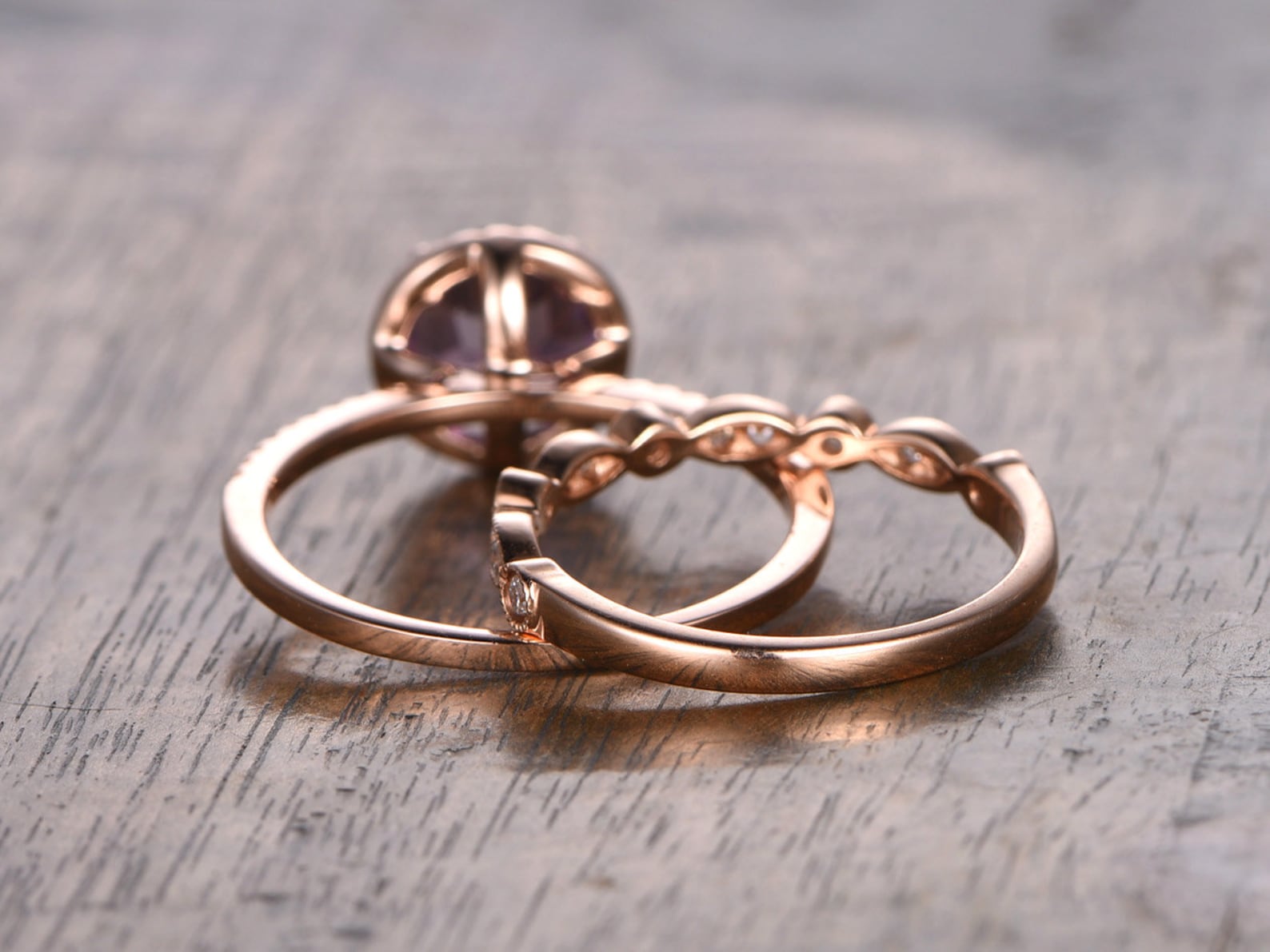 Amethyst Wedding Ring Set Diamonds Wedding Band 14K Rose Gold Etsy