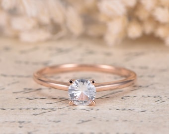 VS Natural White Sapphire Ring 14K Rose Gold Sapphire Engagement Ring Art Deco Wedding Band Plain Band Simple Wedding Ring Anniversary Ring