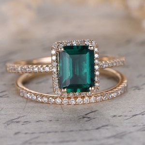 6x8mm Emerald Engagement Ring Set 14K Yellow Gold Emerald Ring May Birthstone Ring Emerald Cut Engagement Ring Diamond Wedding Band