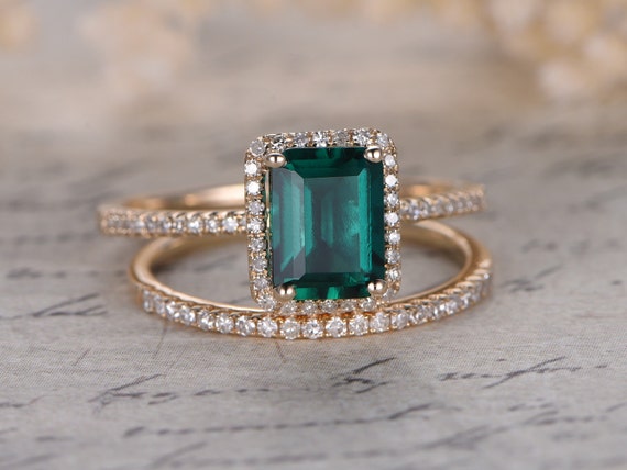 6x8mm Emerald Engagement Ring Set 14K Yellow Gold Emerald Ring | Etsy