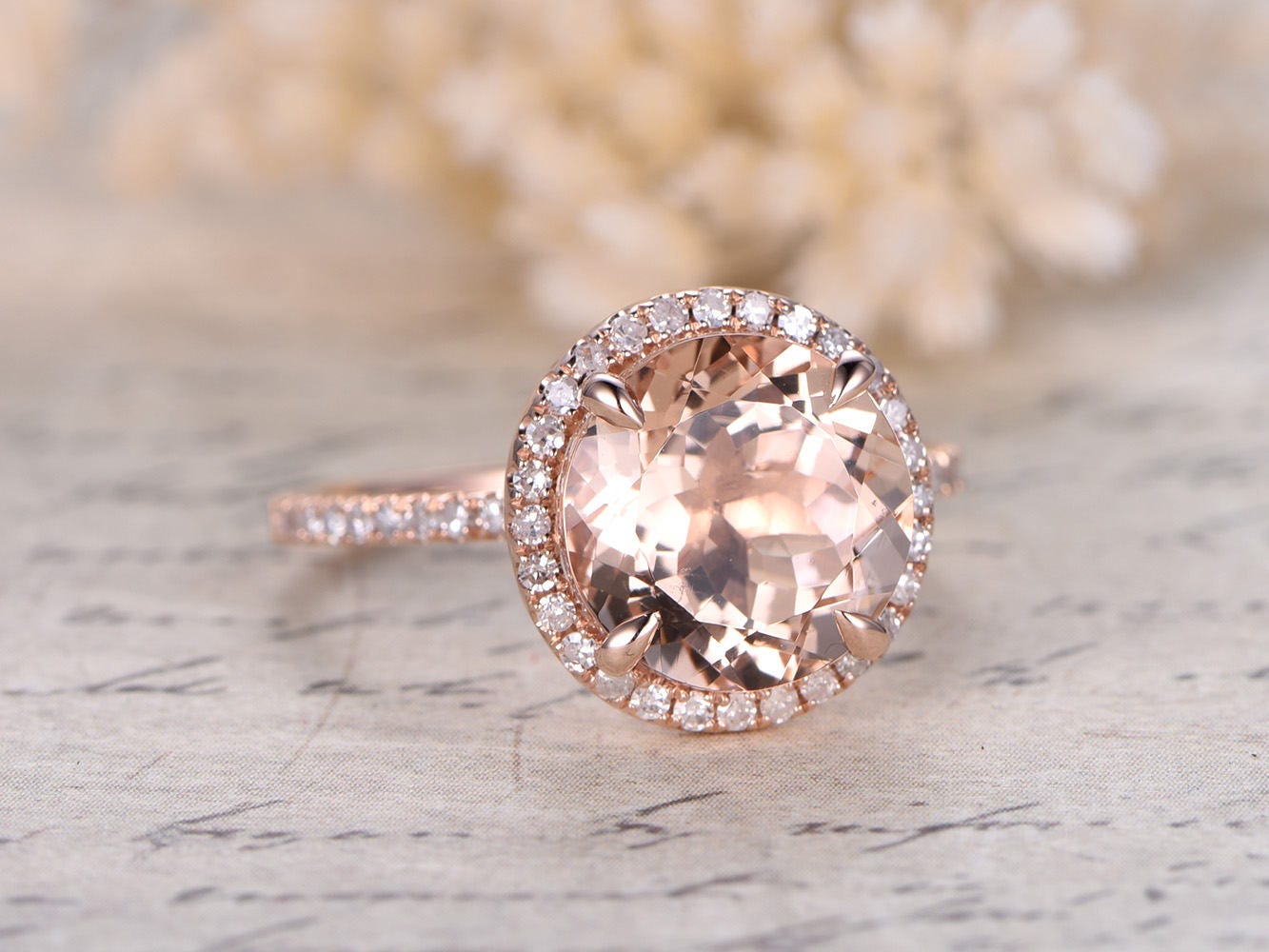 8mm Morganite Engagement Ring Rose Gold Halo Diamond Wedding | Etsy