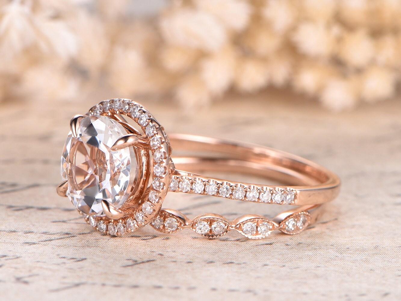 White Topaz Engagement Ring Set 14K Rose Gold Diamond Wedding | Etsy