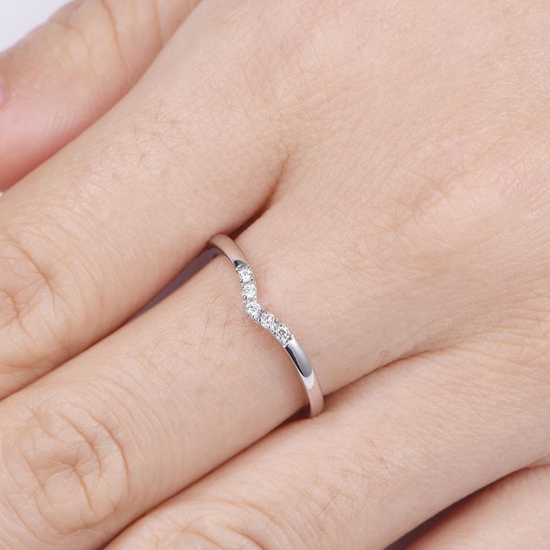 Diamond Curved Wedding Band Half Eternity Ring Soild 14K White Gold Anniversary Band Diamond Ring Art Deco Curved Diamond Matching Band