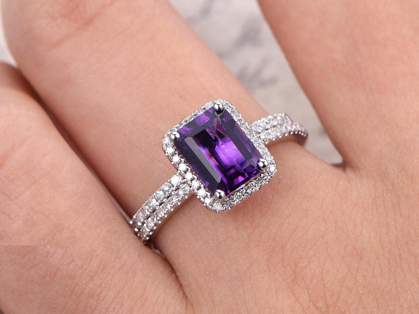 Amethyst Wedding Ring Set Emerald Cut 6x8mm Amethyst | Etsy