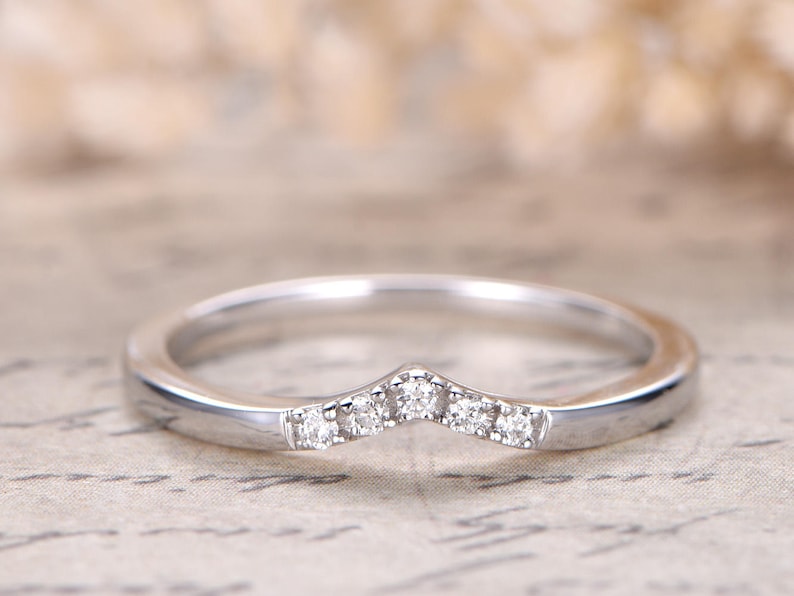 Diamond Curved Wedding Band Half Eternity Ring Soild 14K White Gold Anniversary Band Diamond Ring Art Deco Curved Diamond Matching Band