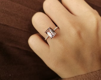 14K Rose Gold Morganite Engagement Ring Diamond Pave Ring 7x9mm Emerald Cut Ring Diamond Wedding Ring Vintage Women Ring Solitaire Ring Gift
