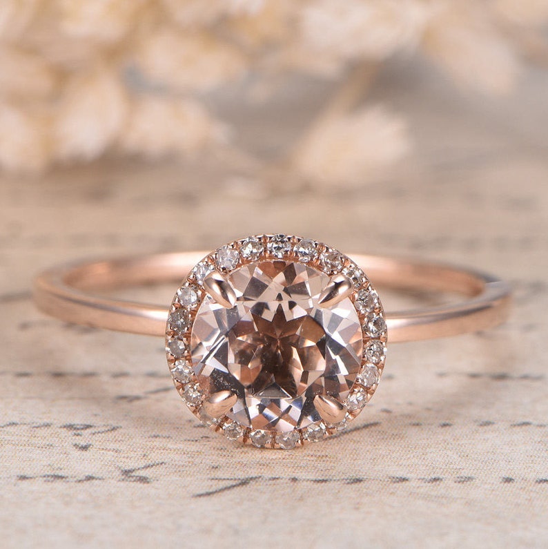 7mm Round Cut Pink Morganite Engagement Ring Diamond Halo Ring P 7mm Round Cut Pink Morganite Engagement Ring Diamond Halo Ring P