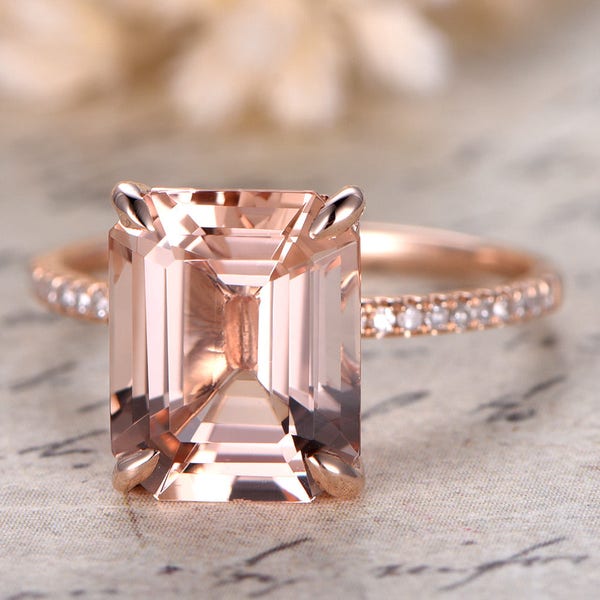 Morganite Ring 14K Rose Gold Solitaire Ring Diamond Wedding image 1
