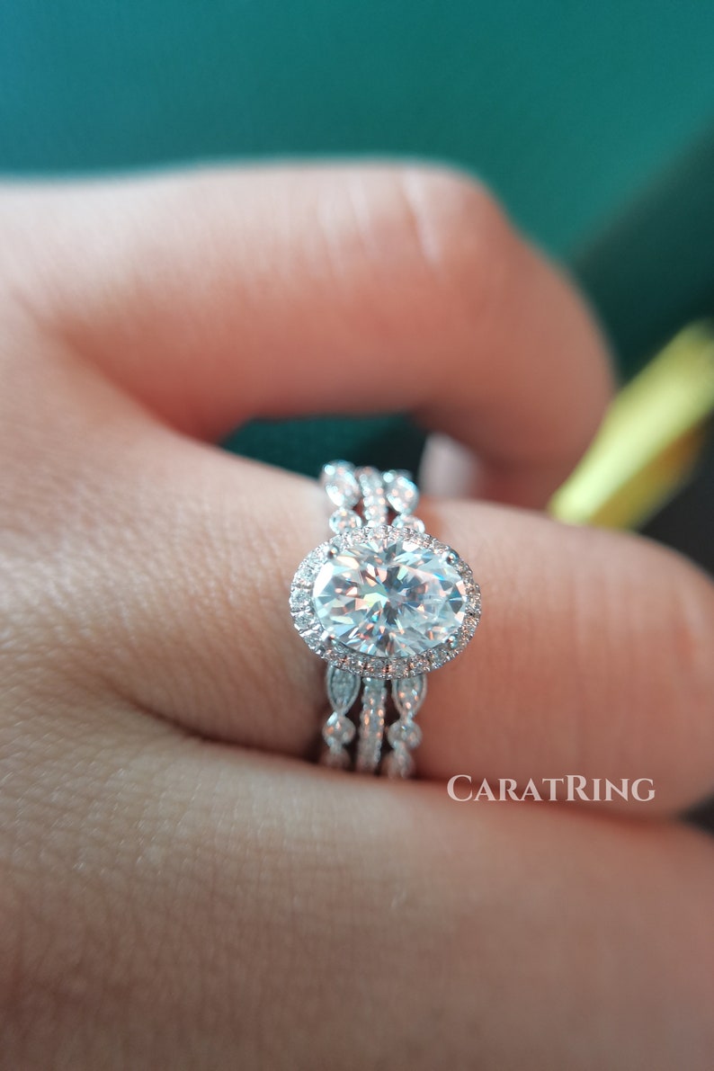 Oval Moissanite Engagement Ring Set Vintage Unique White Gold Etsy